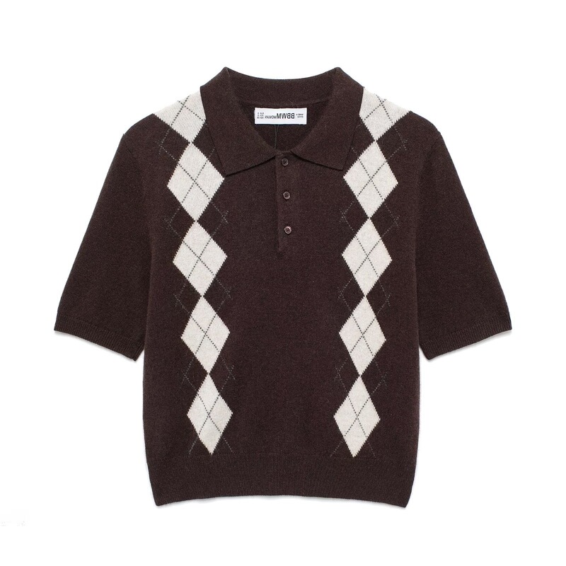 Taop&Za Spring/Summer New Women's College Style Diamond Pattern Lapel Short Sleeve Knitted Polo Shirt 5745639