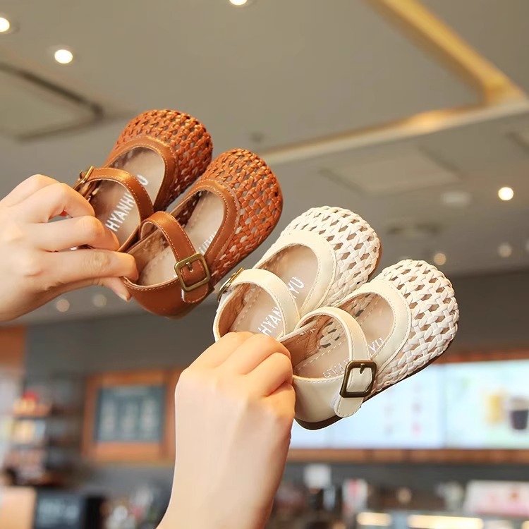 Girls' Leather Shoes, Woven Cut Out Princess Children's Shoes, Woven Beach Shoes, Soft-Soled Baby Girls' Toe-Cap Sandals, Korean Style Shoes