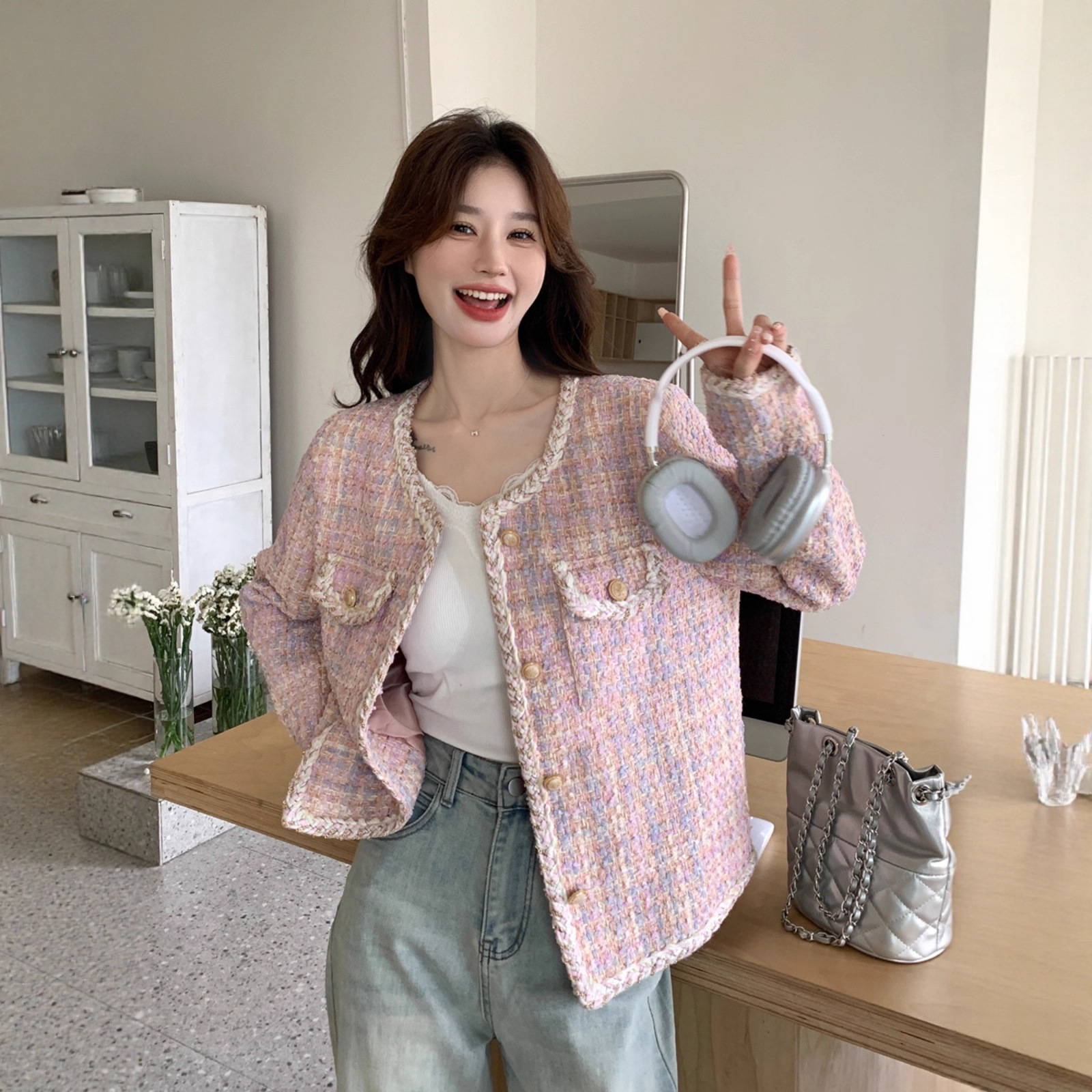 Pink Chanel-Style Jacket for Women, Spring and Autumn 2025 New Korean Sweet Socialite Style, Age-Reducing Tweed Short Top