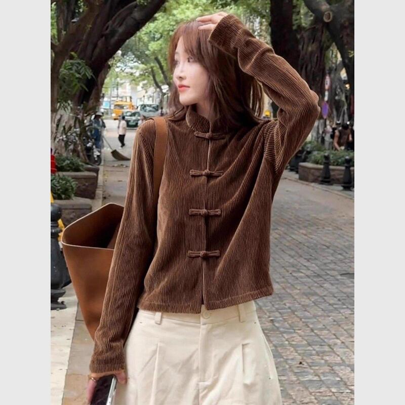 New Chinese-Style Women's Clothing, Coffee-Colored Corduroy Top with Stand Collar and Button Closure, Autumn 2025 New Design, Niche Light National Style Blouse