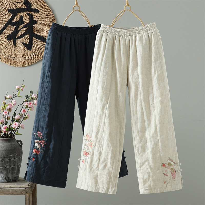 2025秋冬款复古民族风改良文艺绣花松紧腰夹棉阔腿裤棉裤女