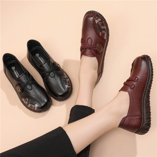Spring and Autumn Mother Shoes Single-layer Shoes Comfortable Soft Sole Flat Non-slip Retro Leather Shoes for Middle-aged and Elderly People Milk Shoes