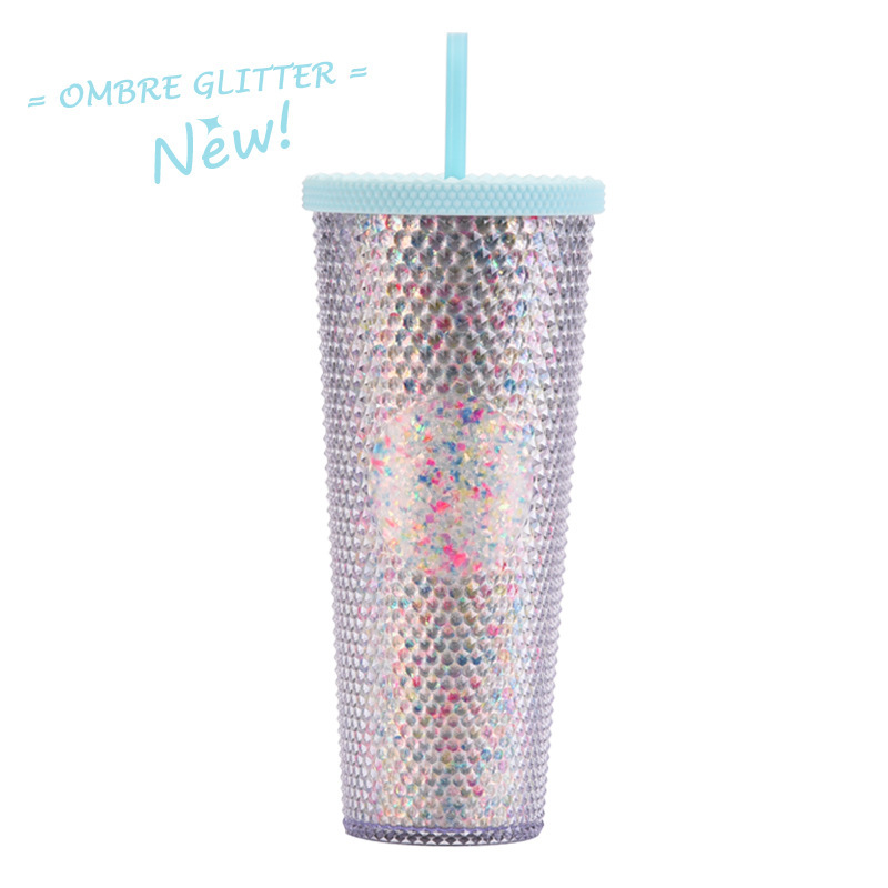 二層プラスチックストローカップ大容量クリエイティブ 710 ミリリットルドリアンカップハンドカップ発光変色レインボーグラデーションカップ|undefined