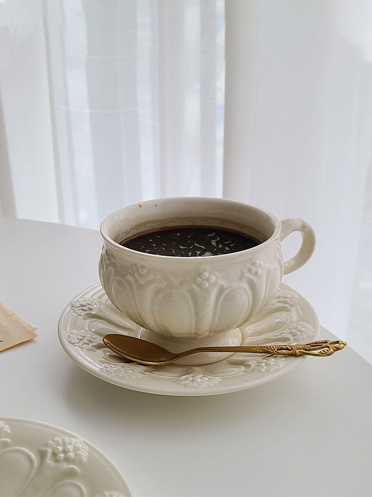5ZV7批發穆尼 藝術感復古陶瓷咖啡杯碟套裝歐式浮雕杯子精緻下午