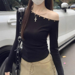 美式辣妹斜肩褶皱长袖t恤女秋季时尚简约气质露肩设计感绝美上衣
