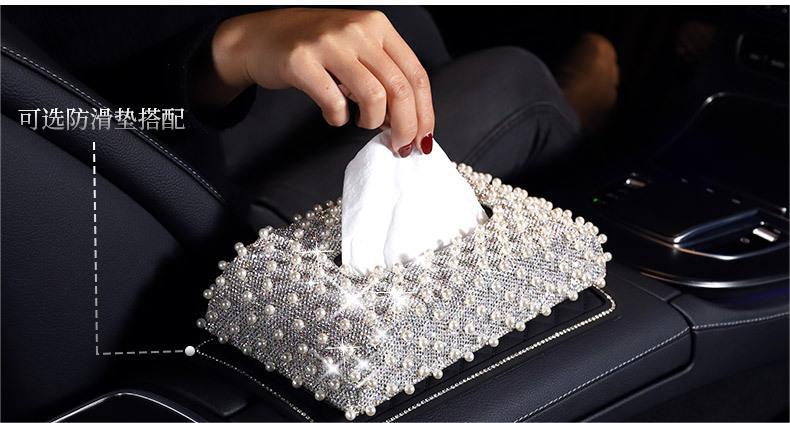 Diamond-studded pearl car napkin holder, car accessories tissue box cover, cute Korean-style car tissue box for women, seat-mounted