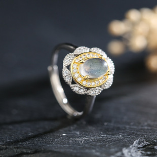 S925 Silver Inlaid Natural Moonstone Ring Full Diamond Double Gold Light Luxury Women's Crystal Color Treasure Hand Jewelry Oval