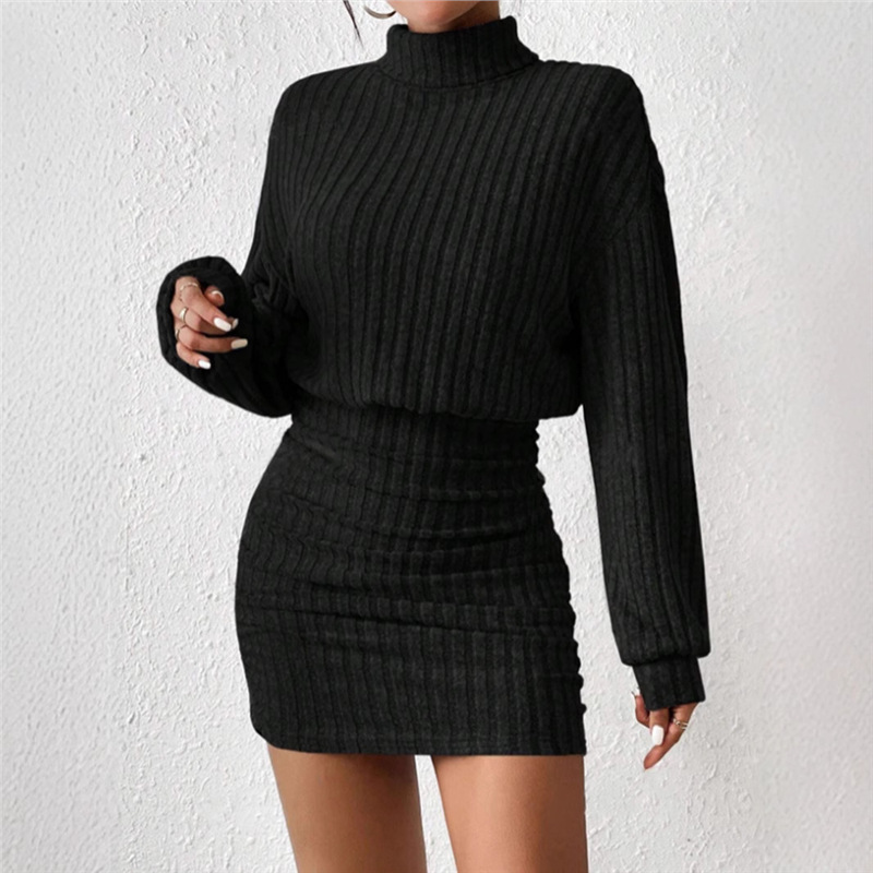GraceChic Cross-Border European And American 2025 Autumn Winter New Bodycon Long Sleeve High Neck Ribbed Knitted Sexy Dress_voghion.com