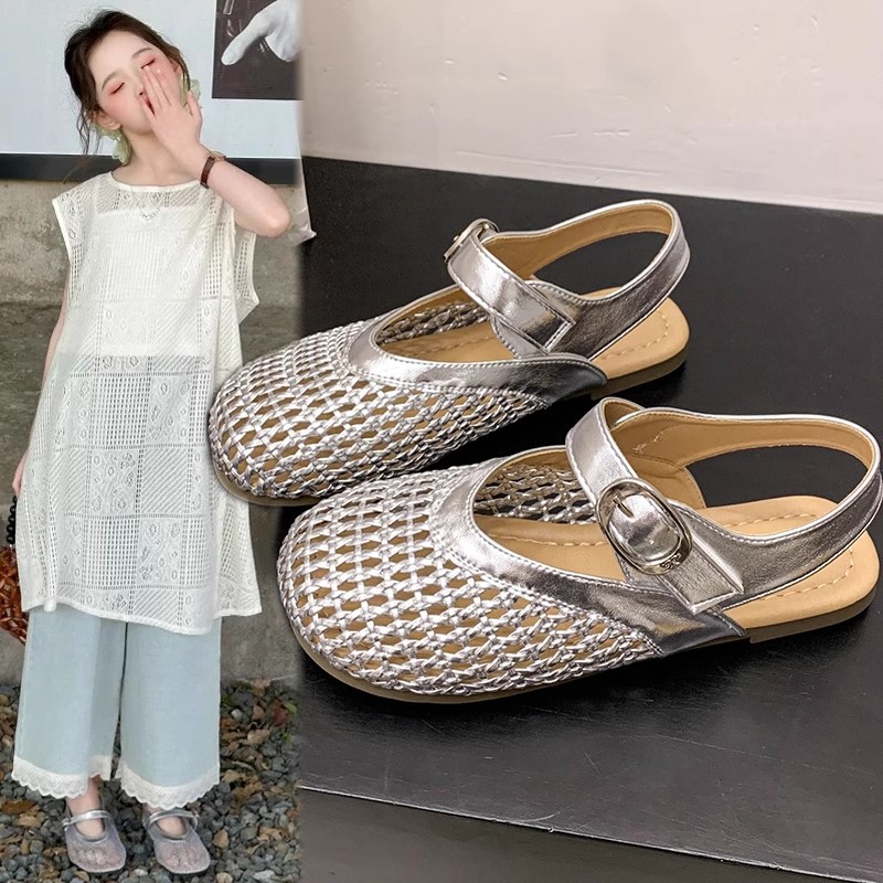 Girls Breathable Knit Mary Jane Sandals Soft Closed-Toe Summer Dress Shoes Hollow-Out Design_voghion.com