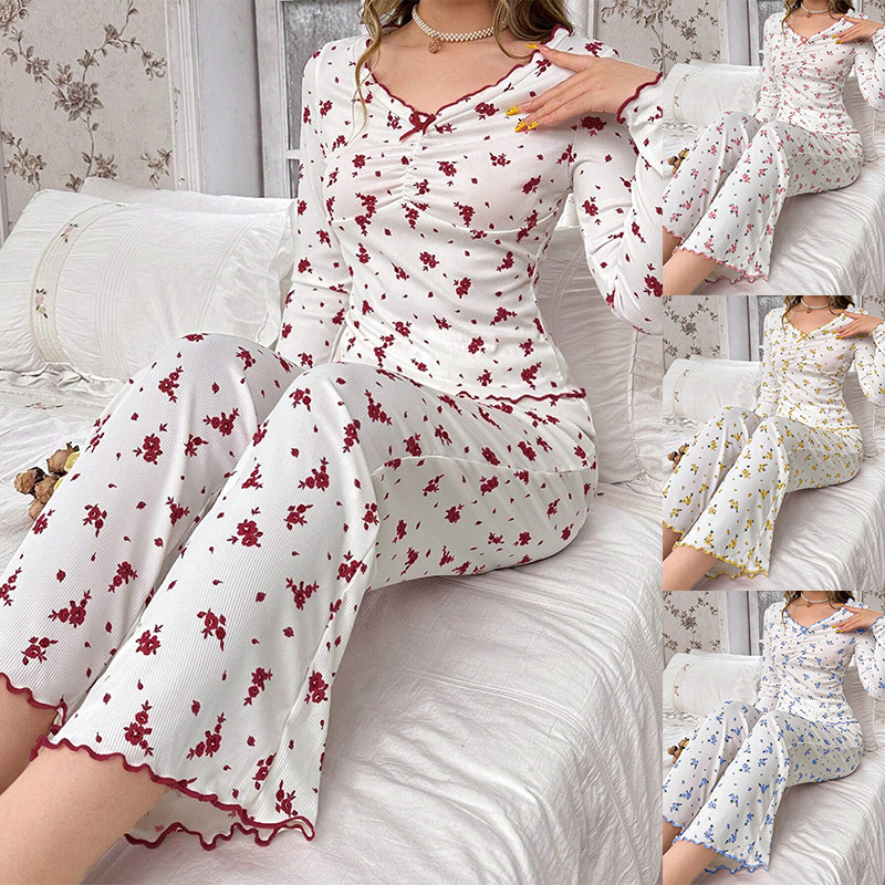 跨境爆款欧美秋冬家居服性感休闲时尚碎花长袖长裤女士睡衣两件套