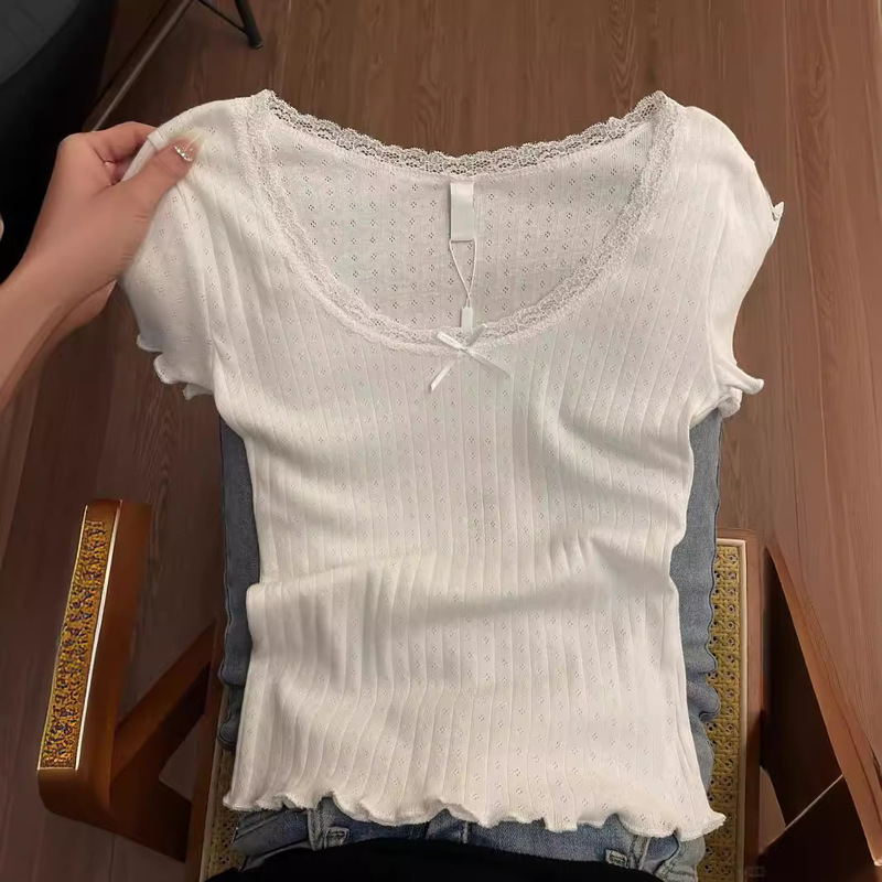 White Lace T-Shirt for Women, Summer 2026, Youthful Style, Slim-Fit Short Sleeves, Trendy Sweet and Spicy Versatile Top