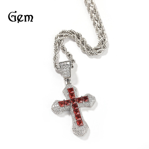 Gumeng new blue zircon cross necklace hip-hop fashion heavy industry diamond versatile sweater chain cross-border wholesale