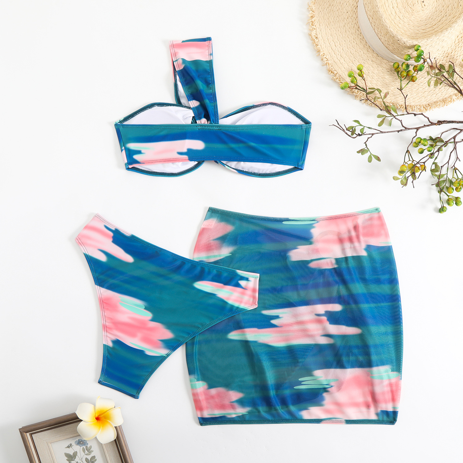 140g Weight Sleeveless Sleeve Length Polyester Fabric Type 3 Pieces Set Quantity Swimming Occasion One Shoulder Neckline Skinny Fit Type Colorful Pattern Women's Gender Sexy Style Women's Sexy Colorful 3 Pieces Set Bikinis Swimwear 22