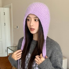 出口俄罗斯双层加厚软糯毛线帽冬季护耳兔毛针织帽绑带百搭防寒帽