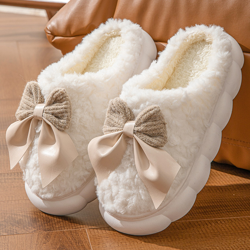 2023 new arrival bow cotton slippers autumn and winter warm ladies thick bottom non-slip home plush comfortable cotton slippers