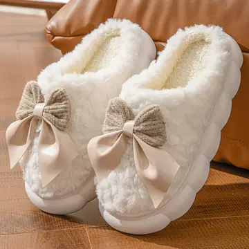 2023 new arrival bow cotton slippers autumn and winter warm ladies thick bottom non-slip home plush comfortable cotton slippers - ShopShipShake