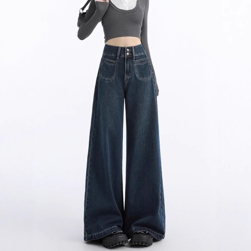 Drapey Jeans Retro High-Waisted Wide-Leg Jeans for Women Spring and Autumn New Tall Loose Straight Pants Floor-Length Pants