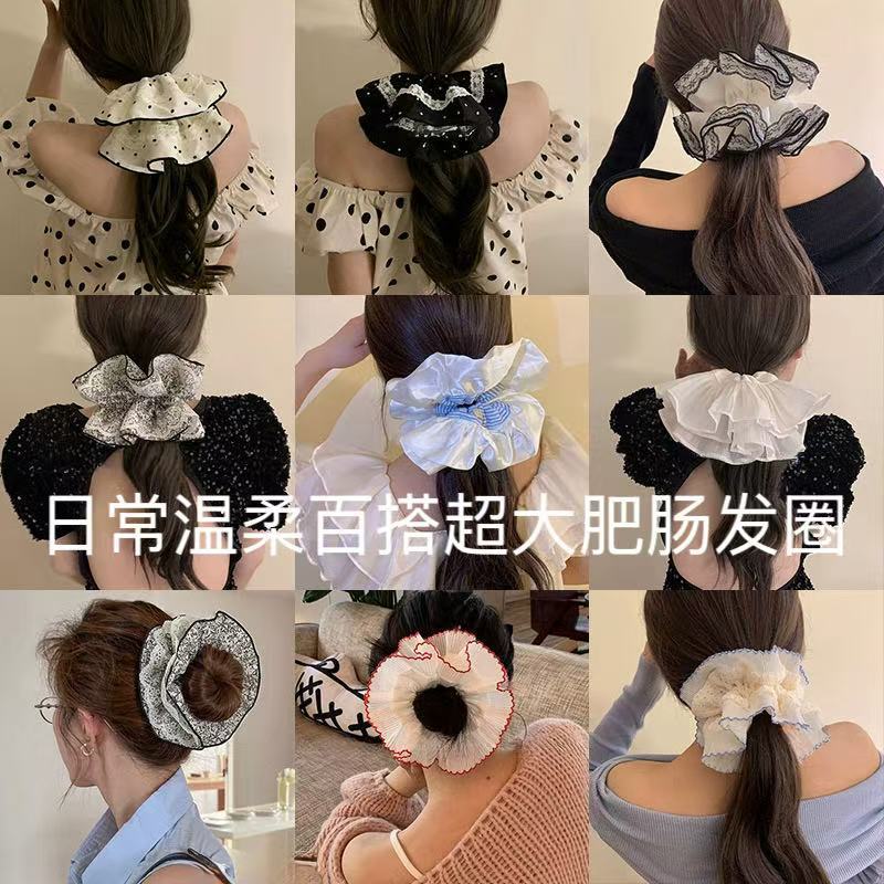 oversized pleated double-layer hair band large intestine ring sense black and white headband headdress flower all-match hair accessories simple hair ring new