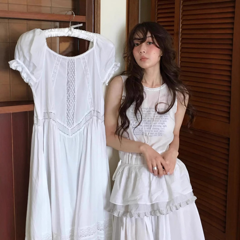 Korean Fl*Tta Cotton 100% Cut Out Lace Puff Sleeve Forest Dress