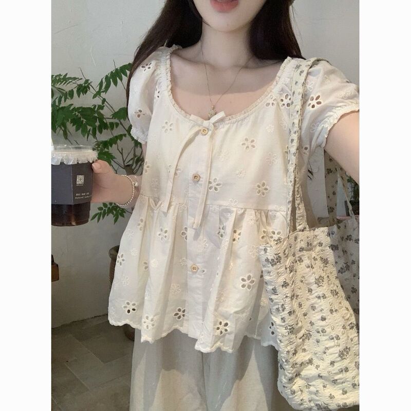 Sweet and Girly Vibe!! !【Age-Reducing Blouse】Lace Collar Babydoll Shirt Short-Sleeved T-Shirt for Women Summer Ins Loose Top Sweet and Girly Vibe!! !【Age-Reducing Blouse】Lace Collar Babydoll Shirt Short-Sleeved T-Shirt for Women Summer Ins Loose Top