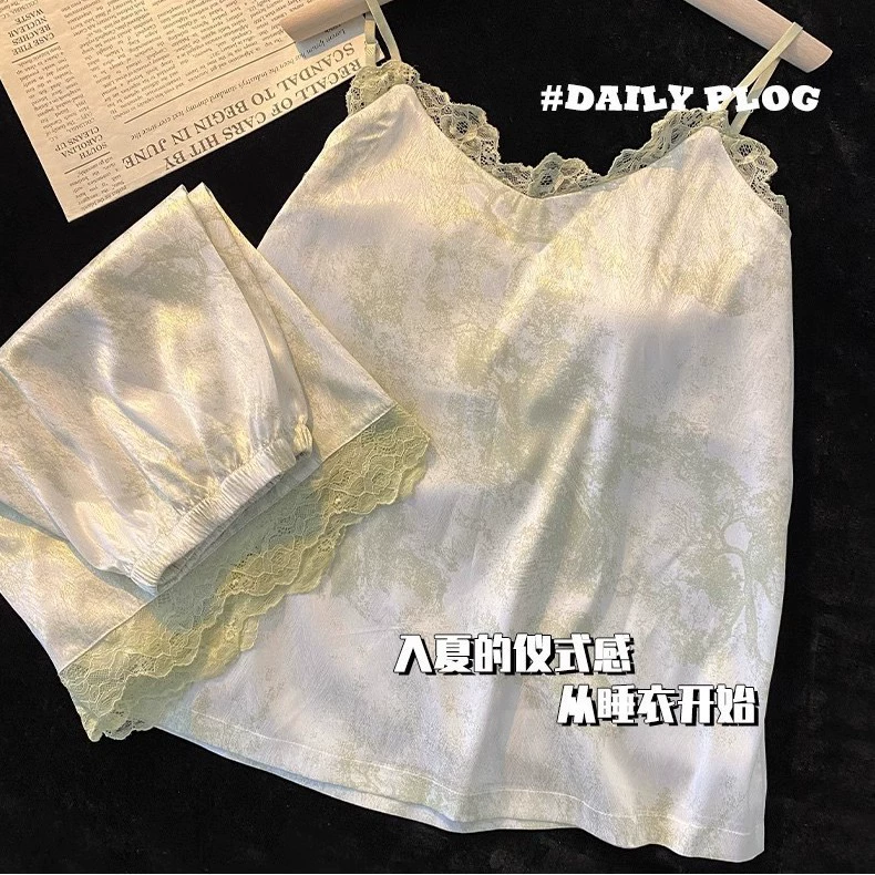 Летняя новая милая девушка симулирована шелковая пижама сексуальная подтяжка сладкая с нагрудным ковриком