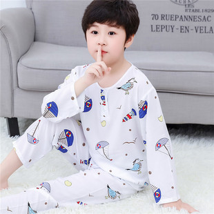 Children's Cotton Silk Pajamas Summer Air-conditioning Suit Girl's Thin Spring and Autumn Long Sleeve Cotton Silk Boy's Home Suit
