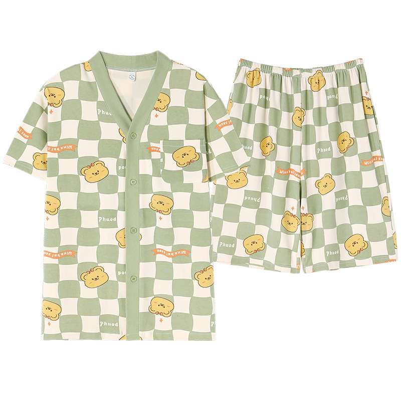 Sommarpar kofta i ren bomull kortärmade shorts pyjamas student tecknad söt män kvinnor vår och sommar_voghion.com