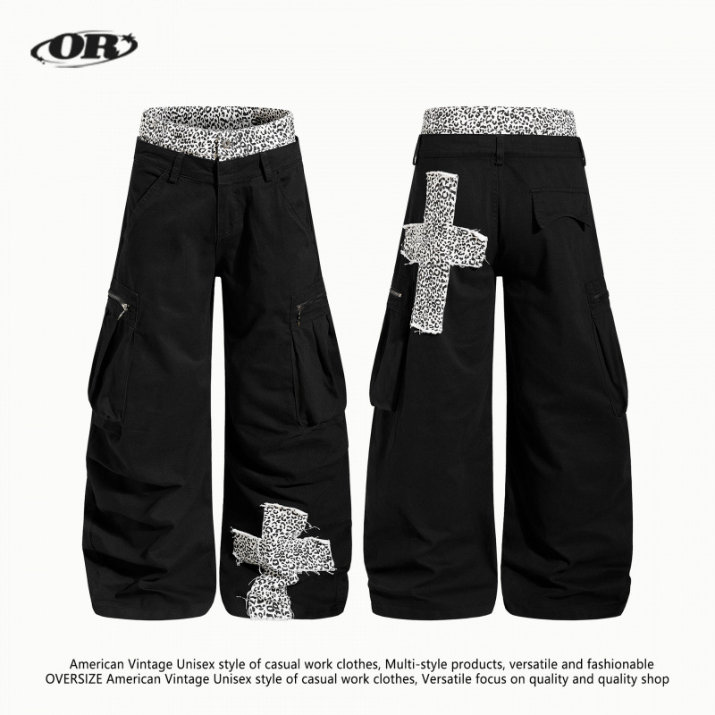 Oreeta丨American-Style Leopard Print Patchwork Double-Waistband Cargo Pants for Men and Women, Street Hip-Hop Style, Loose Wide-Leg Scimitar Pants Oreeta丨American-Style Leopard Print Patchwork Double-Waistband Cargo Pants for Men and Women, Street Hip-Hop Style, Loose Wide-Leg Scimitar Pants