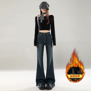 美式加绒微喇牛仔裤女秋冬新款辣妹高腰设计感修身显瘦弹力喇叭裤