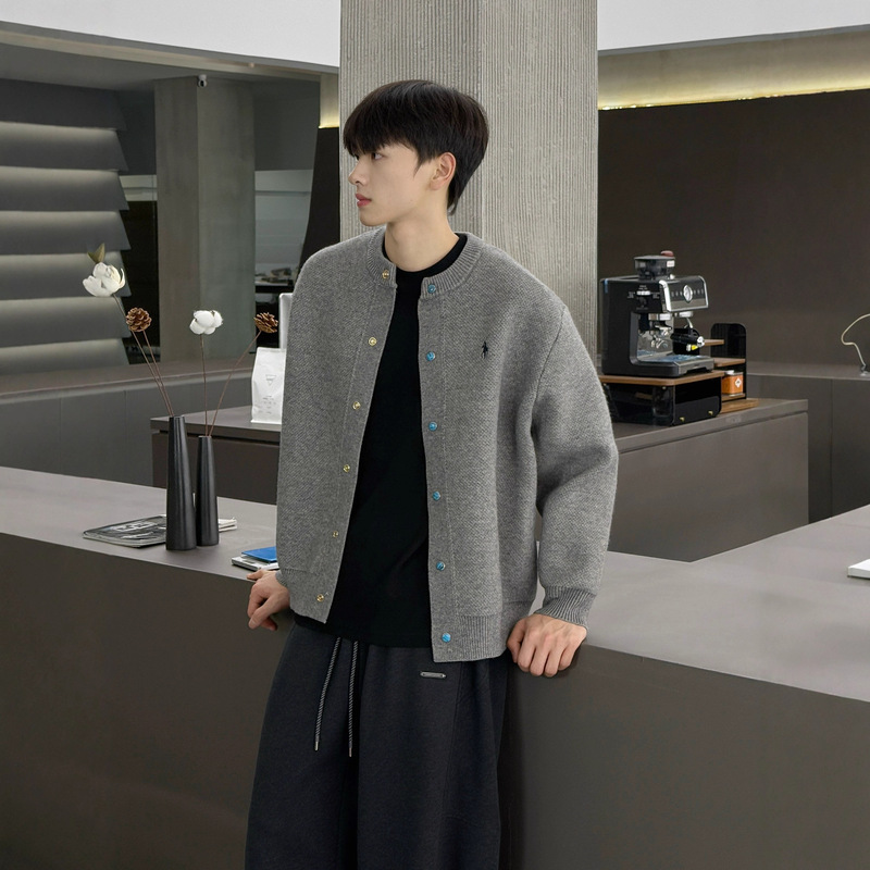 Turquoise Sweater Jacket Men's Spring and Autum Hong Kong Style New Simple Versatile Knitted Cardigan Jacket Men's Tops Trendy Men