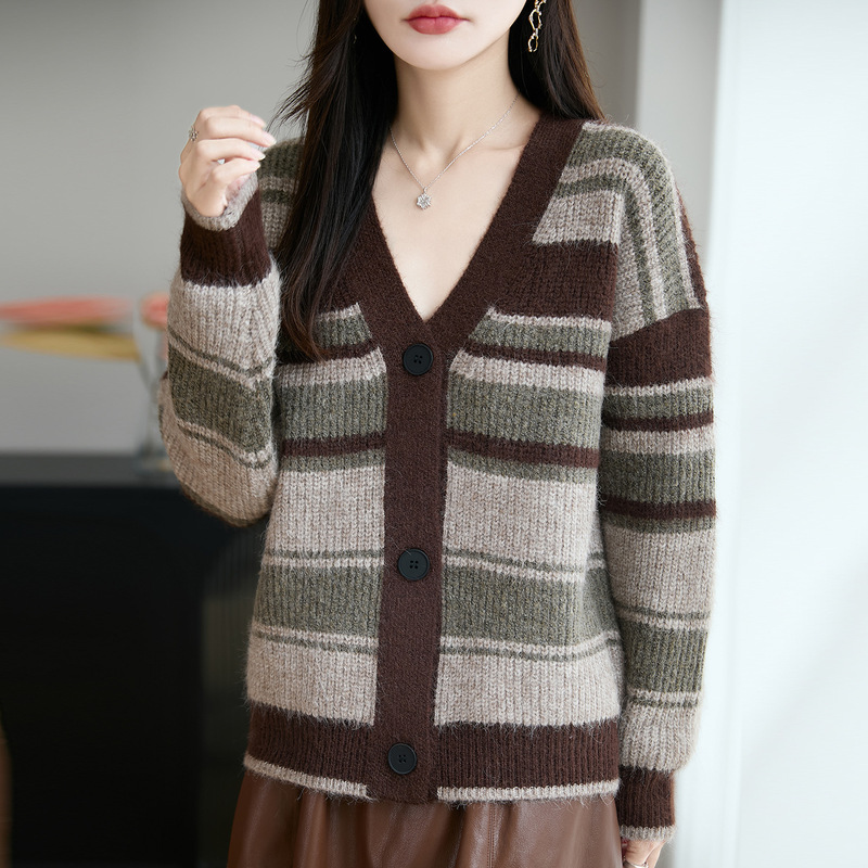 复古条纹针织开衫外套羊驼绒秋冬新款韩版宽松慵懒风毛衣女上衣厚|undefined