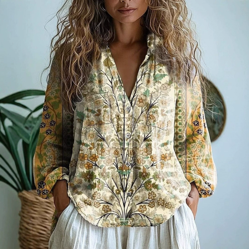 2025 трансграничная европейская и американская внешняя торговля женская весна-лето новый цветочный 3D-принт рубашка с длинными рукавами имитация конопли двойной мешок рубашки