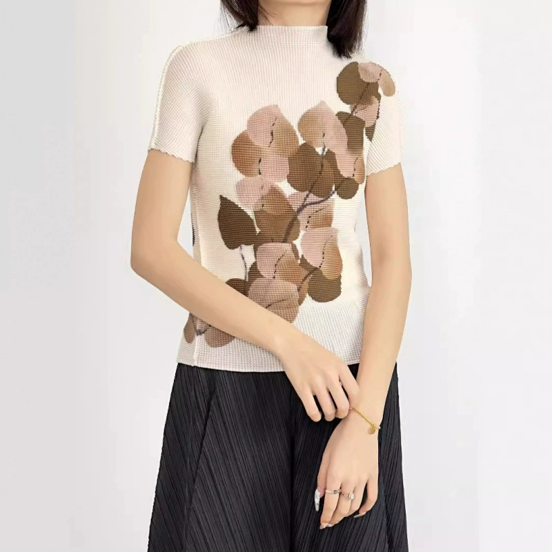 2025 Miyake японский принт с кукурузными зернами, плиссированная женская футболка с коротким рукавом, шифоновая универсальная майка с цветочным принтом