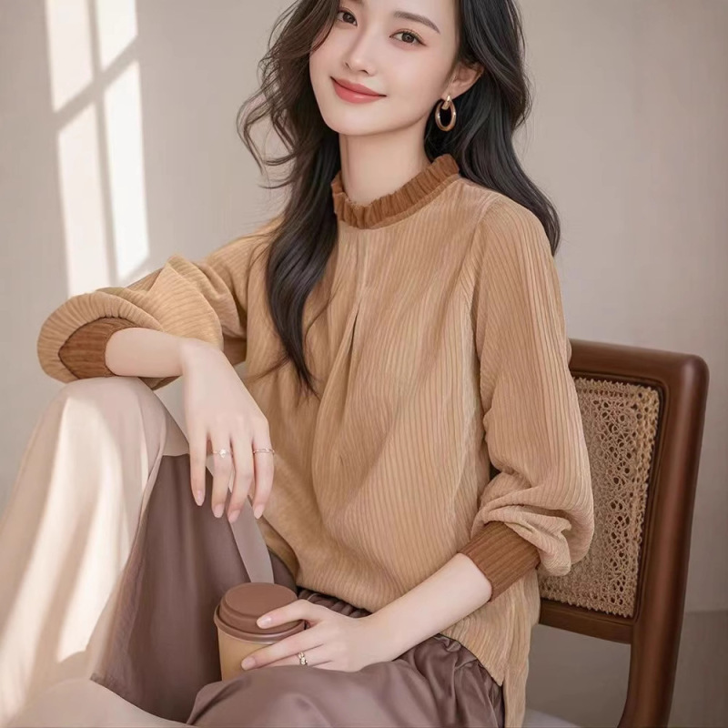 2026 Autumn Chic and Unique High-Quality Coffee-Colored Corduroy Shirt for Women, High-End European Fashionable Top