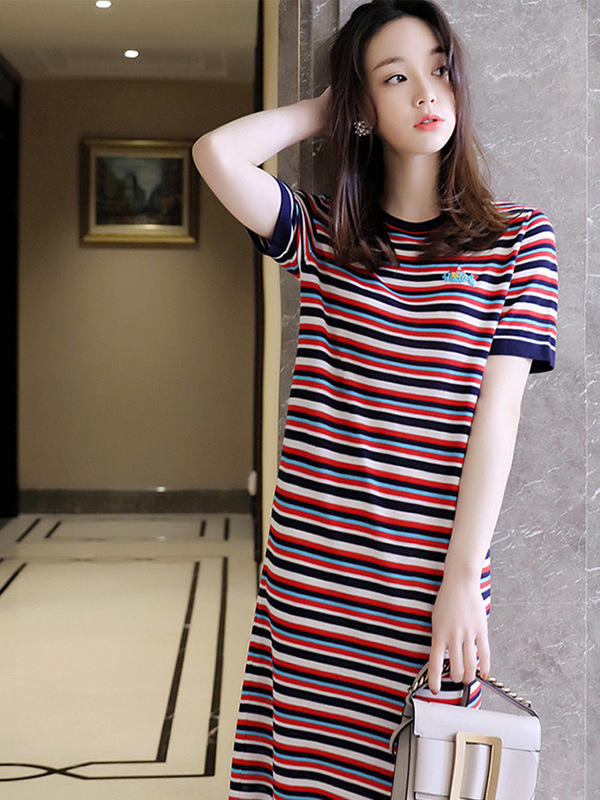 Short-sleeved Striped Knitted Dress Women's 2022 Summer New Loose Thin Mid-length Ice Silk Straight T-shirt Dress Short-sleeved Striped Knitted Dress Women's 2022 Summer New Loose Thin Mid-length Ice Silk Straight T-shirt Dress