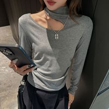 工厂半高领设计感镂空上衣女早秋新款高级感长袖t恤可外穿打底衫