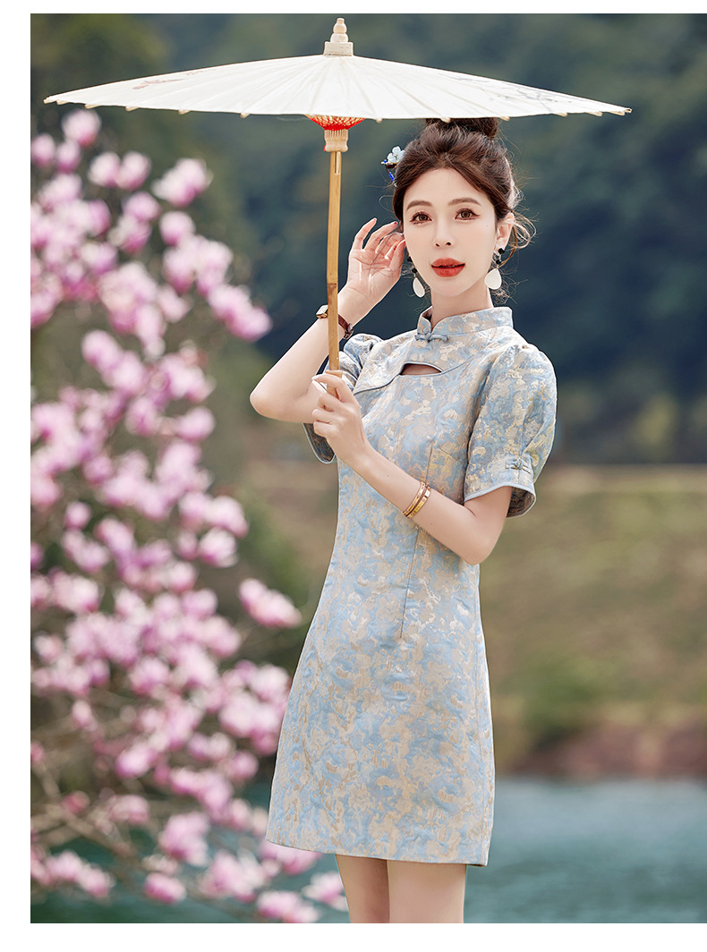 Váy maxi nữ phong cách Trung Quốc mới, cổ đứng cúc bọc, dáng dài vừa phải, thanh lịch thời trang — Màu xanh lam, Màu hồng chi tiết 21