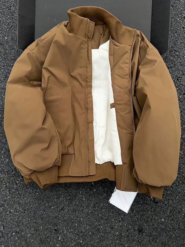 Brown American-Style Stand Collar Flight Jacket Cotton Coat for Men, Winter Short down Cotton Jacket, Thickened Baseball Jacket