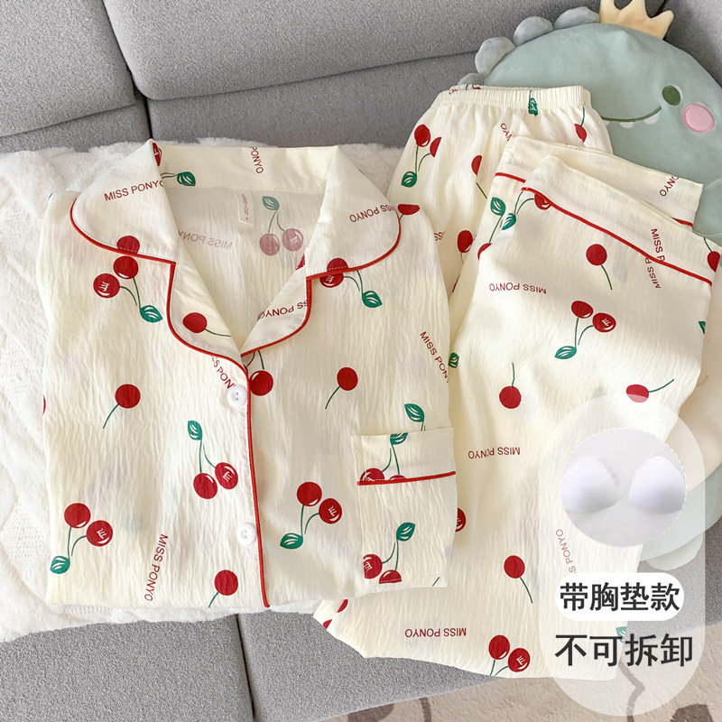 带胸垫黑灰色KT猫睡衣女款春秋季纯棉纱布长袖可爱学生少女家居服|undefined
