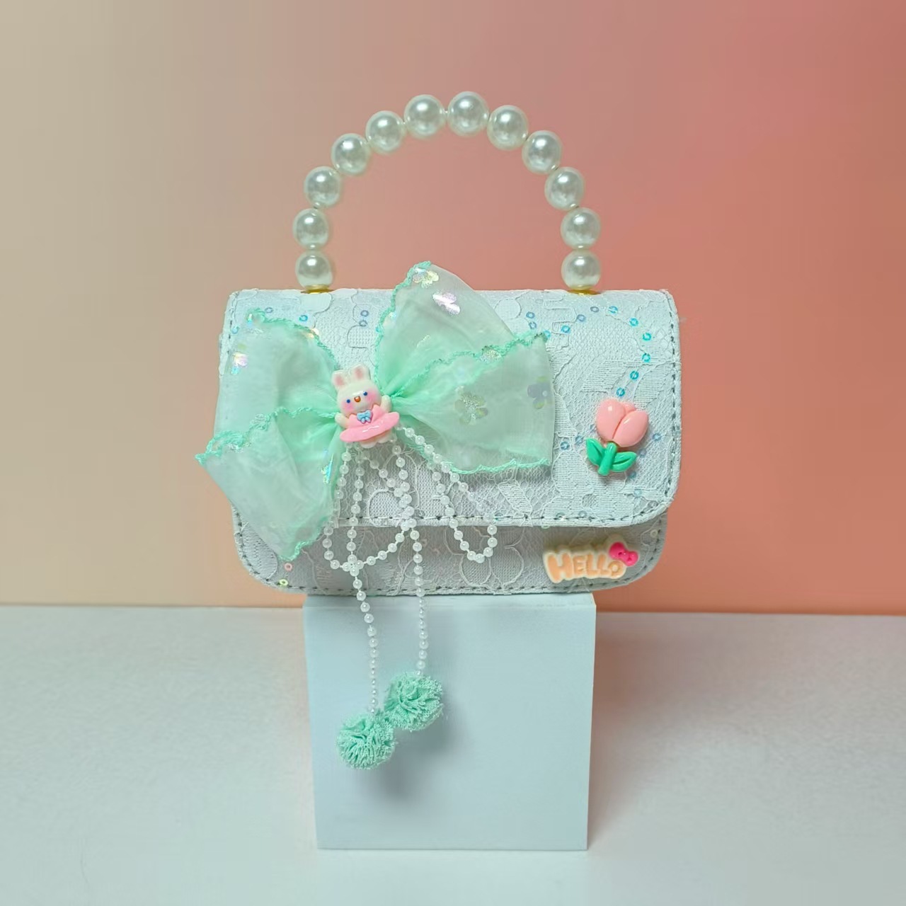 Bolso portátil de perlas de princesa conejo arco de hombro bolso de cadena bolso pequeño bolso de cambio de Año Nuevo