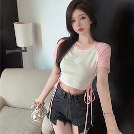 新款【实拍】纯欲风辣妹绑带短袖T恤女夏季修身显瘦露脐短款上衣i