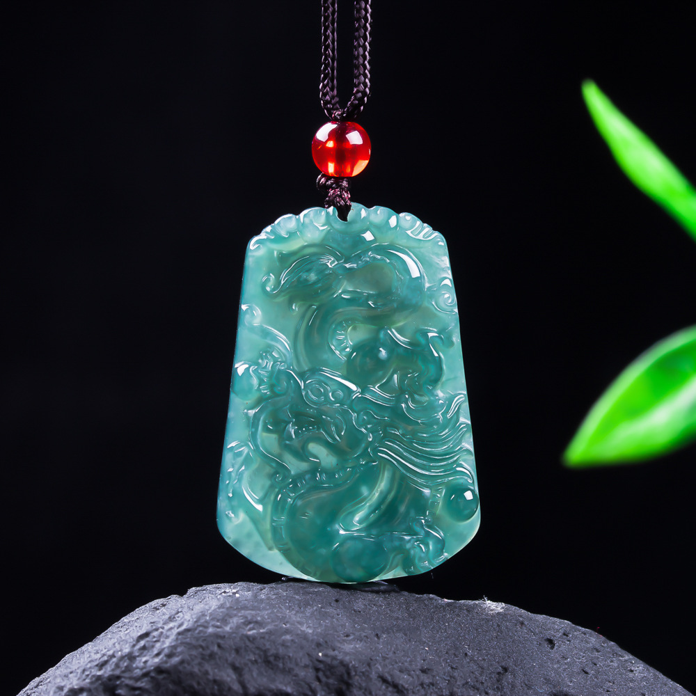 Authentic Grade A jadeite blue-green icy dragon pendant, zodiac dragon jade ornament, men's and women's jewelry wholesale.