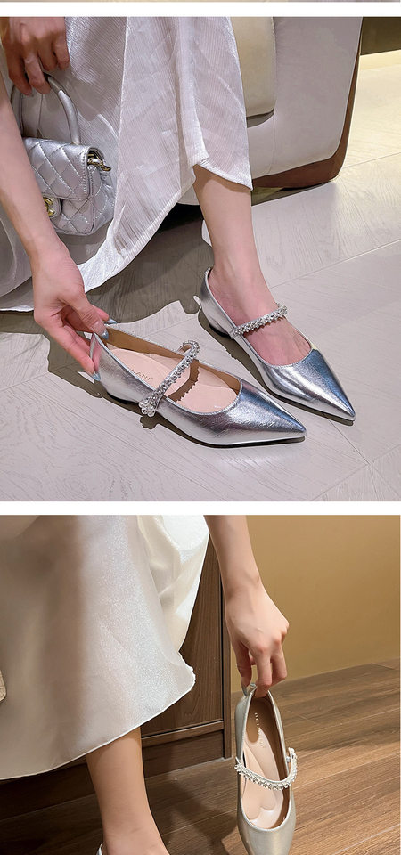 Giày cao gót nữ mũi nhọn quai ngang đính pha lê, đế xuồng độn cao bên trong, gót thấp dưới 3 cm — Màu bạc, Màu mơ, Màu vàng nhạt chi tiết 11