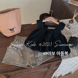 韩版童装女童夏季时髦套装洋气黑色吊带上衣短裤时尚网红两件套