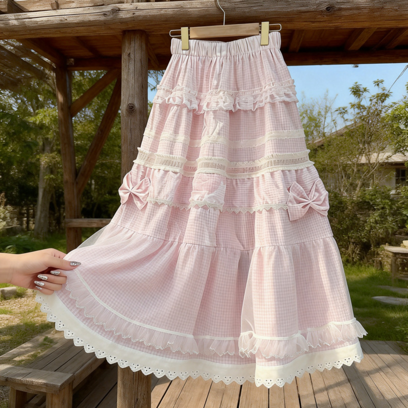 Sweet-style pink bowknot mesh skirt, women's lace trim, slimming A-line long skirt for spring and summer, fairy dress Sweet-style pink bowknot mesh skirt, women's lace trim, slimming A-line long skirt for spring and summer, fairy dress