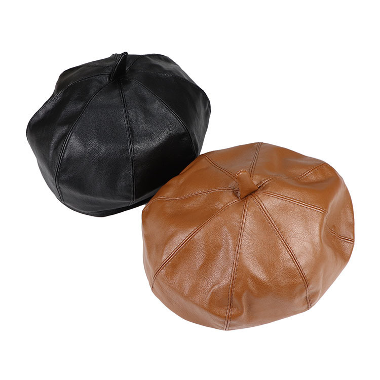 Pu boina de las mujeres de otoño e invierno versátil estilo japonés pintor calabaza sombrero negro británico retro cuero octogonal sombrero