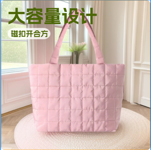 绣线方格子棉服包大容量包包女2022新款羽绒腋下包洋气单肩托特包