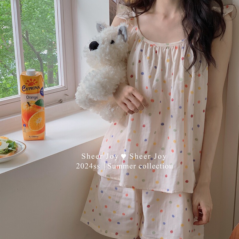 Summer Korean Style Fresh Cotton Double Gauze Flying Sleeve Small Sling Comfortable suit Color Dots