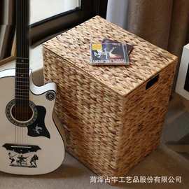 跨境水葫芦草编收纳篮带盖多功能储物筐家居玄关脏衣篓编织洗衣篮