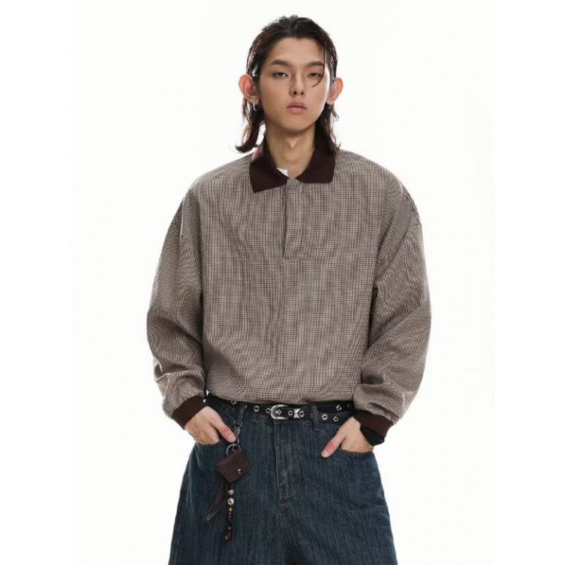 Kişi üçün houndstooth naxışlı uzunqol polo köynək